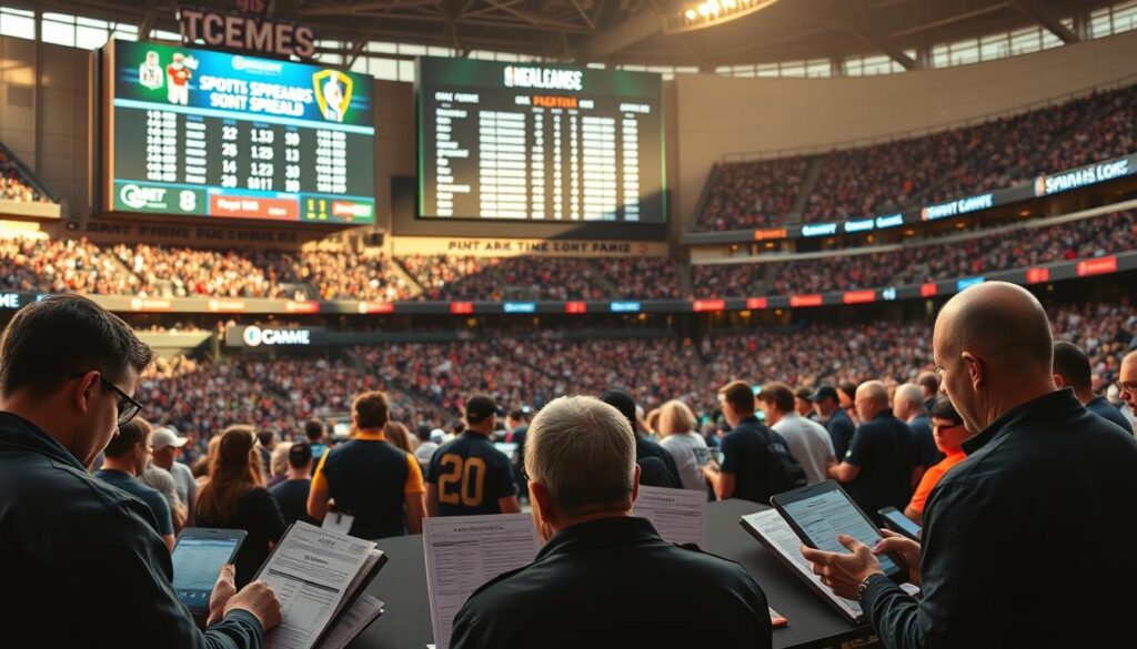 A bustling sports stadium with a large scoreboard displaying NFL and NBA game scores, odds, and point spreads. In the foreground, sports bettors intently studying betting lines and analyzing data on their tablets and smartphones, surrounded by the energy of the game-day atmosphere. The middle ground features a wide variety of betting slips, calculators, and reference materials, creating a sense of the complexity and technicality of spread betting. In the background, the stadium's architecture frames the scene, with warm, dramatic lighting casting long shadows and creating a sense of focus and anticipation. The overall mood is one of strategic contemplation and the thrill of high-stakes sports wagering.