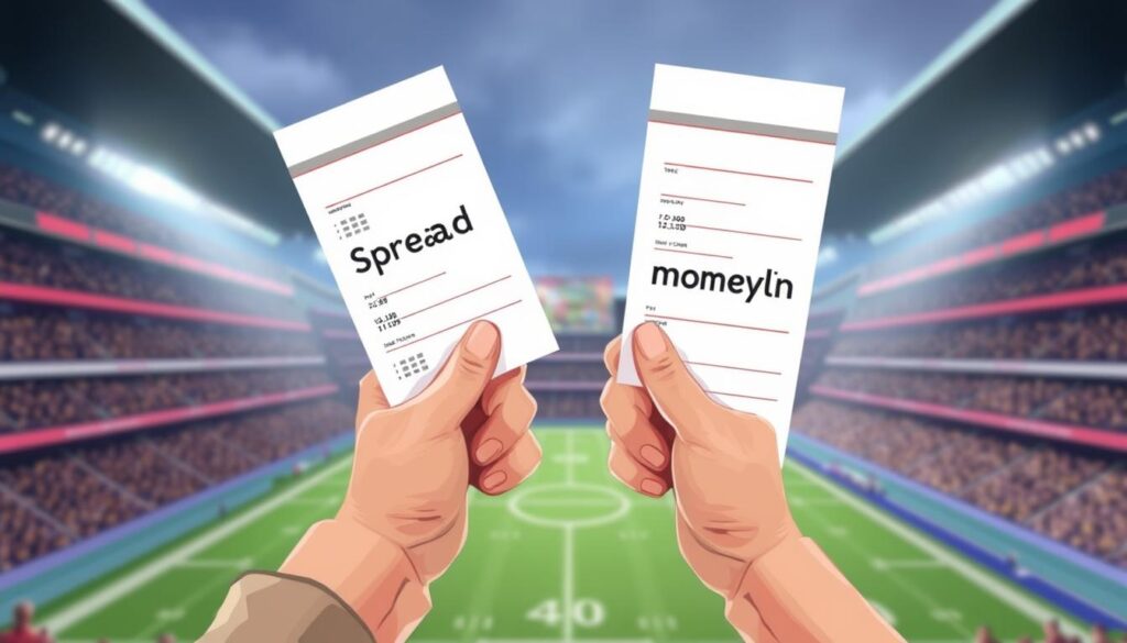 A detailed illustration of sports betting concepts "spread vs moneyline". In the foreground, two hands holding betting slips, one labeled "Spread" and the other "Moneyline". The middle ground shows a sports stadium in the background, creating a sense of the betting context. Lighting is natural, with a soft, diffused glow illuminating the scene. The angle is slightly elevated, giving an overview of the key elements. The mood is informative, with a focus on visually explaining the differences between these two common betting types in a clear, concise manner.