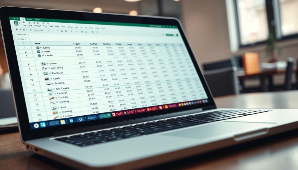 A detailed spreadsheet with rows and columns tracking sports betting activities. The foreground features a clean, organized layout with cells displaying various metrics such as bet type, odds, stake, and outcome. The middle ground showcases a professional-looking laptop display, with the spreadsheet occupying the center of the frame. The background has a subtle blur, creating a focused atmosphere, with hints of a well-lit office environment. The lighting is soft and natural, complementing the serious yet informative mood. The angle is set to provide a clear, unobstructed view of the spreadsheet, emphasizing its importance as a responsible betting management tool.