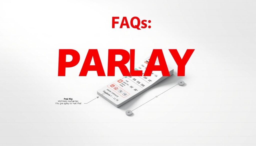 A detailed technical diagram set against a clean, white background. The foreground features a clear, step-by-step visual representation of the parlay betting mechanics, with arrows, icons, and annotated elements to explain the process. The middle ground includes a 3D isometric rendering of a betting slip, with the parlay options and payouts clearly displayed. The background has a subtle grid pattern, lending an air of precision and professionalism to the overall scene. Soft, directional lighting illuminates the diagram, creating depth and highlighting the key information. The overall tone is informative, educational, and visually engaging, perfectly suited to illustrate the "FAQs" section of the article.