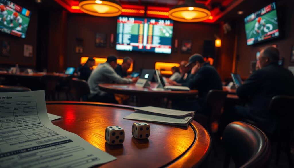 A dimly lit sports betting lounge, with warm amber lighting casting a mellow glow. In the foreground, a wooden table displays various betting slips, racing forms, and a pair of dice - symbolizing the blending of moneyline and spread strategies. In the middle ground, bettors huddle over their phones and laptops, studying odds and contemplating their next moves. The background features a large screen displaying live sporting events, creating an immersive atmosphere of anticipation and strategic decision-making. The scene conveys a sense of calculated risk-taking, where seasoned and novice bettors alike navigate the nuances of blending moneyline and spread bets for maximum potential reward.