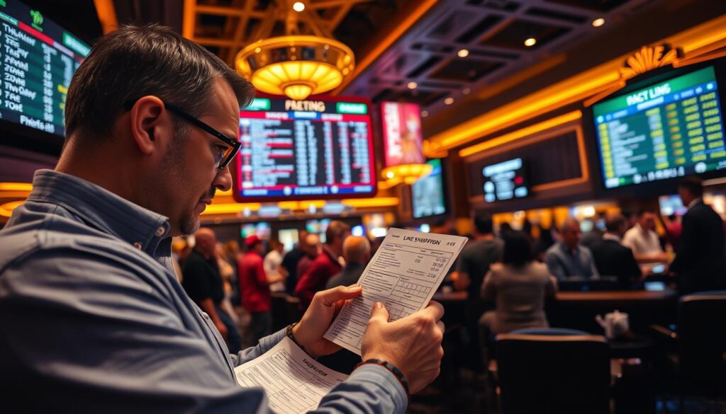 A dynamic sports betting scene with a focus on line shopping and odds comparison. A well-lit sports book interior with a large screen displaying live odds and betting lines. In the foreground, a bettor intently studying a betting slip, weighing options and comparing numbers. The middle ground features bettors gathered around a betting counter, engaged in lively discussion. The background showcases the energy of the sports book, with cheering fans and the hum of activity. Lighting is warm and inviting, creating a sense of anticipation and strategy. The overall mood conveys the thrill and precision of line shopping to secure the best possible betting number.