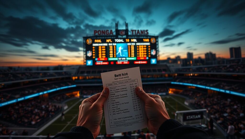 A high-angle wide-shot of a sports stadium at dusk, with the scoreboard illuminated and displaying betting odds for NFL, NBA, and MLB games. In the foreground, a bettor's hands hold a betting slip with various wagers, their face obscured. The middle ground shows fans in the stadium seats, engaged in discussion. The background features the stadium's exterior, with a distinctive architectural style and the city skyline visible in the distance. Subtle lighting and a cinematic color palette create a sense of excitement and anticipation for the upcoming games.