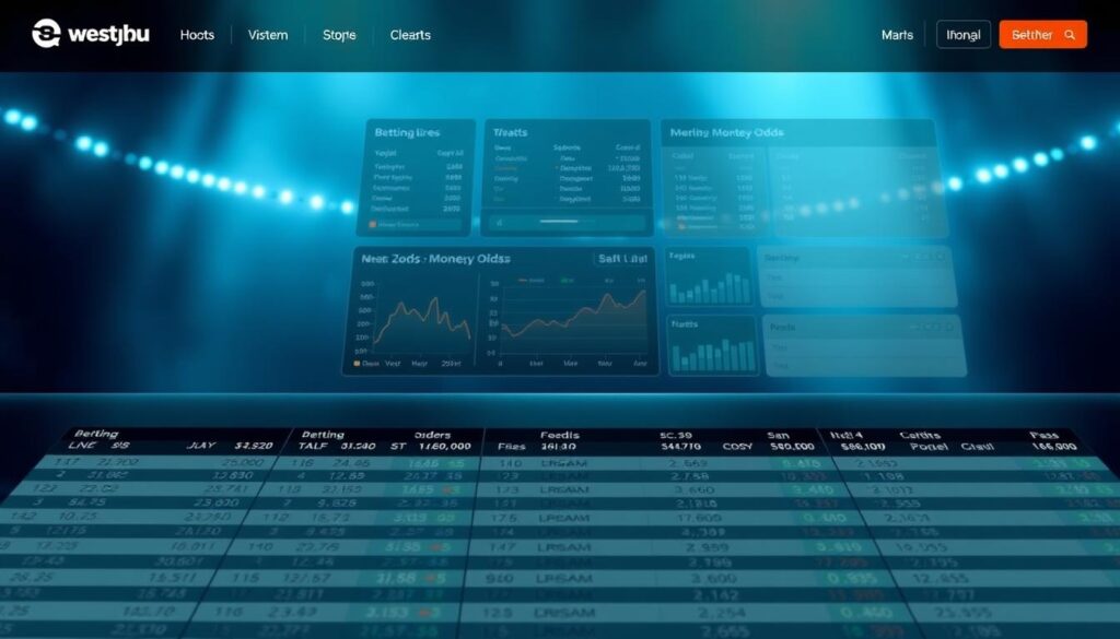 A meticulously designed sports betting odds comparison website, with a sleek and intuitive interface. In the foreground, a grid of neatly organized odds from various sportsbooks, displaying betting lines, point spreads, and moneyline odds in a clean, easy-to-read format. The middle ground features interactive charts and graphs, allowing users to visualize and compare odds across different events and markets. In the background, a subtle, almost cinematic lighting creates a sense of depth and professionalism, complemented by a muted color palette of blues and grays. The overall composition conveys a sense of authority, reliability, and a commitment to providing bettors with the most comprehensive and up-to-date odds information.