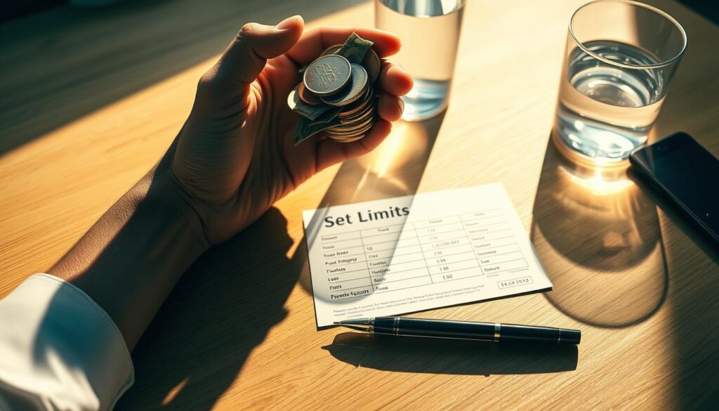 A person's hand holding a stack of coins and bills, casting a long shadow on a wooden surface. In the foreground, a sports betting slip and a pen, symbolizing the act of setting limits. The background features a glass of water and a mobile device, indicating a thoughtful, responsible approach to betting. The lighting is warm and natural, creating a contemplative atmosphere. The composition emphasizes the contrast between the tangible financial elements and the intangible concepts of self-control and responsible decision-making.