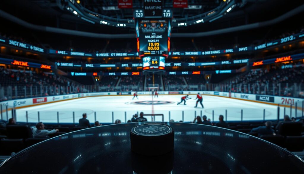 A professional ice hockey arena, dimly lit with a warm, ambient glow. In the foreground, a hockey puck sits on a sleek, glass-topped table, surrounded by various sports betting odds and moneyline information displayed on crisp, holographic screens. The middle ground features hockey sticks, jerseys, and other sports memorabilia, artfully arranged to create a sense of anticipation and excitement. In the background, the ice rink is visible through large, panoramic windows, with players engaged in a high-intensity game, their movements captured in a blur of motion. The overall composition conveys the thrill and strategy of NHL moneyline betting, inviting the viewer to immerse themselves in the world of professional hockey and sports wagering. A professional ice hockey arena, dimly lit with a warm, ambient glow. In the foreground, a hockey puck sits on a sleek, glass-topped table, surrounded by various sports betting odds and moneyline information displayed on crisp, holographic screens. The middle ground features hockey sticks, jerseys, and other sports memorabilia, artfully arranged to create a sense of anticipation and excitement. In the background, the ice rink is visible through large, panoramic windows, with players engaged in a high-intensity game, their movements captured in a blur of motion. The overall composition conveys the thrill and strategy of NHL moneyline betting, inviting the viewer to immerse themselves in the world of professional hockey and sports wagering.