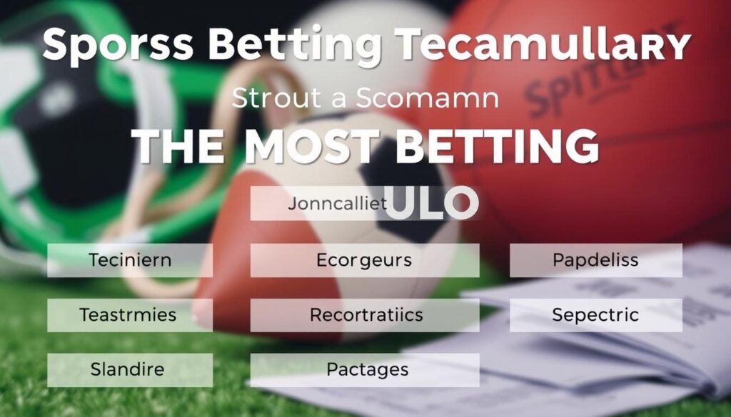 A sleek, modern infographic showcasing the most common sports betting terminology. Crisp, clean typography in a minimalist style displays each term against a soft, blurred background of sports equipment and betting slips. Gentle shadows and highlights create depth and dimension, while a subtle gradient adds visual interest. The overall aesthetic is professional, informative, and visually engaging, perfectly suited to illustrate the section on essential sports betting vocabulary.