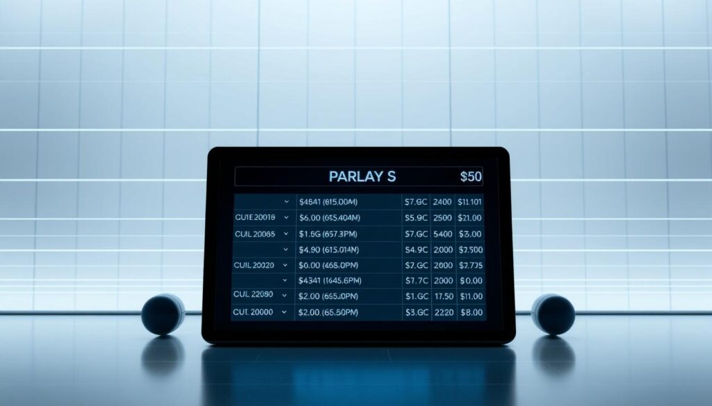 A sleek, modern visualization of a parlay betting strategy. In the foreground, a digital display shows a series of interlinked bets, each one building upon the previous outcome. The background is a minimalist grid of lines and shapes, giving a sense of structure and interconnectedness. The lighting is crisp and clean, with soft shadows adding depth and dimension. The overall aesthetic is one of precision, control, and the thrill of high-stakes wagering. The composition draws the viewer's eye towards the central parlay display, inviting them to explore the intricate web of bets and potential payouts.