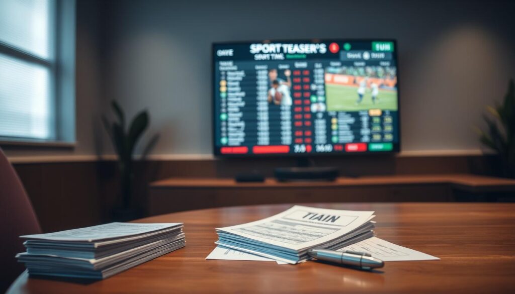 A sports betting teasers explained scene set in a modern and sophisticated environment. In the foreground, a stack of betting slips and a pen resting on a polished wooden table. The middle ground features a large touch screen display showcasing various betting options and odds, illuminated by soft, warm lighting. In the background, a wall-mounted television displays live sporting event footage, creating a sense of excitement and anticipation. The overall atmosphere is one of analytical focus, with clean lines and muted colors conveying a professional, data-driven approach to sports betting. The composition emphasizes the interplay between the physical and digital elements of the teasers betting experience.
