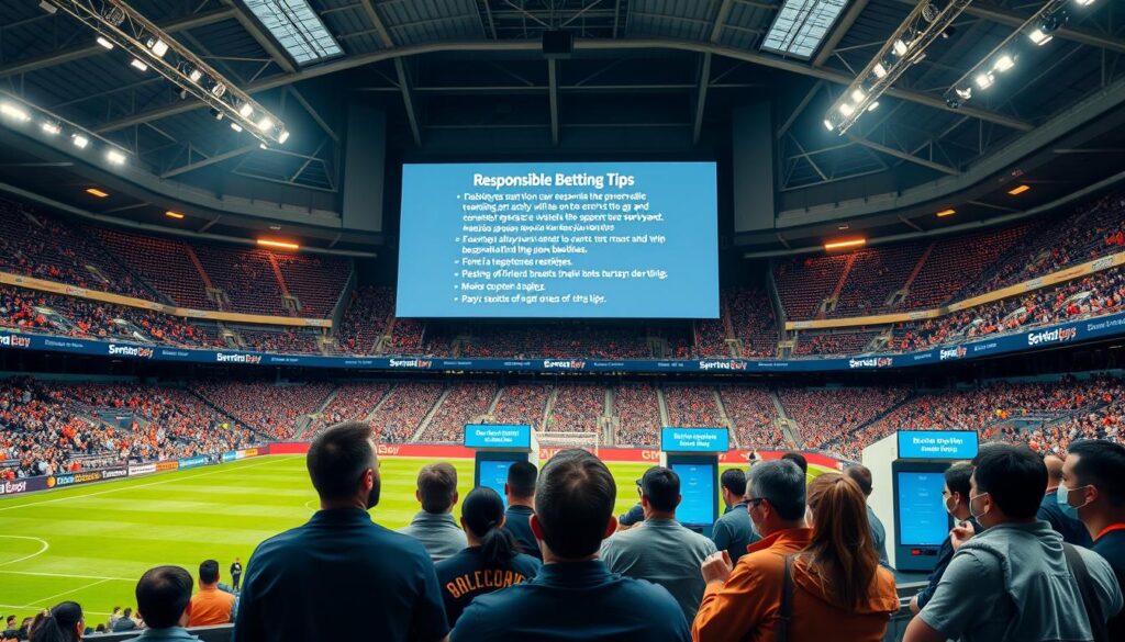 A sports stadium with a big screen display showing responsible betting tips in a clean, modern design. In the foreground, a group of sports fans in the stands, engaged in lively discussion, but their expressions convey a sense of caution and thoughtfulness. The middle ground features betting kiosks with discreet signage highlighting responsible gambling resources. The background showcases the stadium's impressive architecture, bathed in warm, natural lighting that creates a sense of stability and security. The overall atmosphere is one of informed, responsible decision-making, guiding beginners towards a more sustainable approach to sports betting.