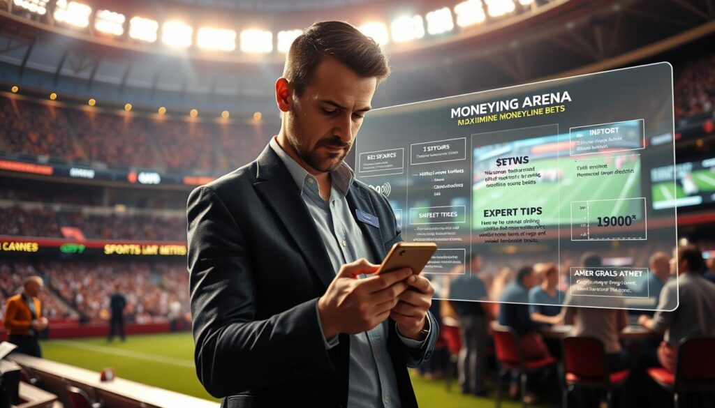 A strategic betting arena, illuminated by the glow of a sports stadium. In the foreground, a confident bettor scrutinizes a smartphone, analyzing odds and odds-makers' insights. The middle ground features a holographic display, showcasing probabilities, historical trends, and expert tips for maximizing moneyline bets. The background depicts a bustling sportsbook, where bettors gather, engaged in animated discussions, surrounded by large screens broadcasting live game action. The scene conveys a sense of anticipation, knowledge, and the thrill of making informed wagers, guiding the viewer toward successful moneyline betting strategies. A strategic betting arena, illuminated by the glow of a sports stadium. In the foreground, a confident bettor scrutinizes a smartphone, analyzing odds and odds-makers' insights. The middle ground features a holographic display, showcasing probabilities, historical trends, and expert tips for maximizing moneyline bets. The background depicts a bustling sportsbook, where bettors gather, engaged in animated discussions, surrounded by large screens broadcasting live game action. The scene conveys a sense of anticipation, knowledge, and the thrill of making informed wagers, guiding the viewer toward successful moneyline betting strategies.