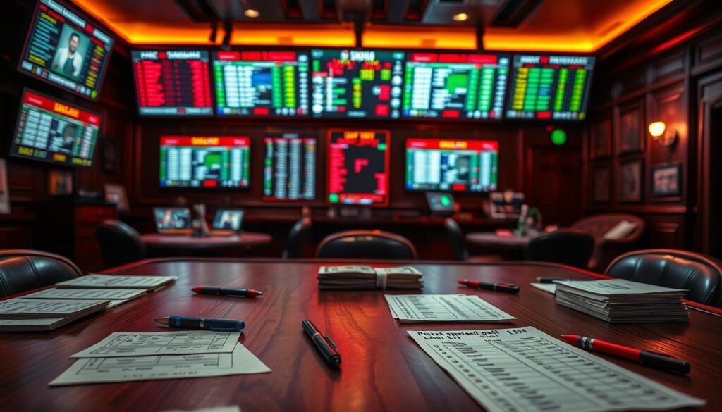 A vibrant sports betting scene, with a detailed tabletop displaying point spread odds in a classic bookmaker's setting. The foreground showcases a sleek, wooden table adorned with betting slips, pens, and a stack of cash, creating an atmosphere of high-stakes excitement. The middle ground features an array of digital screens projecting live sporting event information and fluctuating point spread odds, reflecting the fast-paced nature of the industry. In the background, a dimly lit room with warm, amber lighting casts a subtle glow, emphasizing the covert and exclusive nature of the establishment. The overall scene conveys the intricate and strategic elements of point spread betting, seamlessly integrating the technical details with the immersive atmosphere.