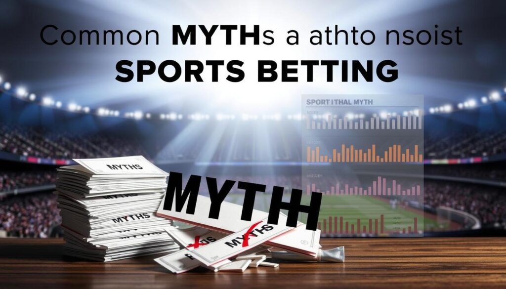 A visually striking image that debunks common myths and misconceptions about sports betting. A clean, modern design with a neutral color palette. In the foreground, a stack of betting slips or tickets, with various "myth" labels superimposed on them, being knocked down or crossed out. In the middle ground, a sports arena or stadium scene, conveying the excitement and atmosphere of live sporting events. In the background, a stylized data visualization or infographic that provides factual, educational information about the realities of sports betting. Dramatic, high-contrast lighting emphasizes the contrast between the myths and the truth. The overall composition should feel balanced, authoritative, and visually compelling.