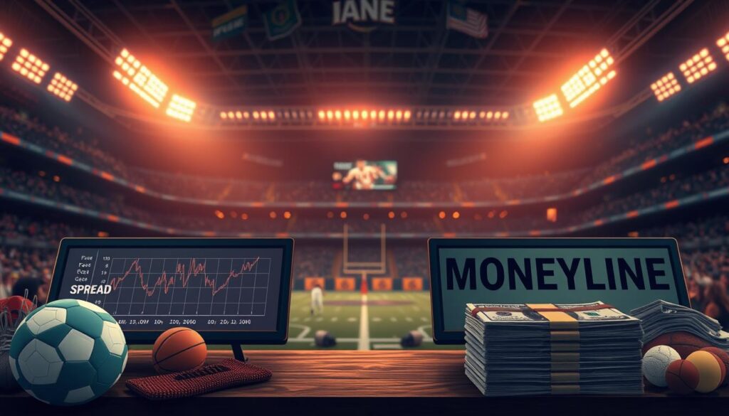 Spread vs moneyline betting: a vibrant, detailed illustration. In the foreground, a sports betting odds board displays two betting options - the spread and the moneyline. The spread is depicted as a line graph with dynamic fluctuations, while the moneyline is represented by stacks of currency bills. The middle ground features sports equipment and apparel, hinting at the context of sports betting. The background showcases a dimly lit, moody sports arena, creating an atmospheric setting. Warm lighting casts a cinematic glow, and the camera angle is slightly elevated, providing an immersive, bird's-eye perspective. The overall composition conveys the complexities and excitement of sports betting strategies.