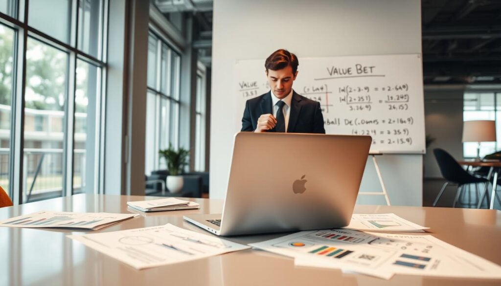 A clear, educational scene illustrating a value bet strategy calculation example. In the foreground, a professional-looking person, dressed in business attire, is analyzing sports betting data on a laptop positioned on a sleek table covered with documents featuring graphs and statistics. In the middle ground, a whiteboard displaying simple mathematical formulas and value bet concepts, with hand-drawn diagrams that emphasize basic calculations. The background is a modern office environment with natural light filtering through large windows, giving a warm and inviting atmosphere. The overall mood conveys focus and clarity, inviting beginners to engage with the topic of sports betting strategies. Use a soft focus for the background to emphasize the primary elements in the foreground.