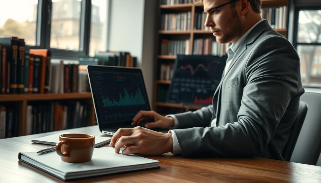 A close-up view of a focused individual studying sports betting data on a laptop, seated at a modern desk. The foreground features a neatly organized workspace with a notebook, pen, and a cup of coffee. The middle ground shows the laptop screen displaying graphs and betting odds, illuminated by soft natural light from a window nearby. In the background, bookshelves lined with sports analytics and statistics books create a scholarly atmosphere. The setting is designed to invoke a sense of diligence and strategic thinking. The mood is calm yet intense, ideal for someone analyzing value bets in sports betting. The individual is dressed in professional business attire, emphasizing a serious approach to betting strategies.