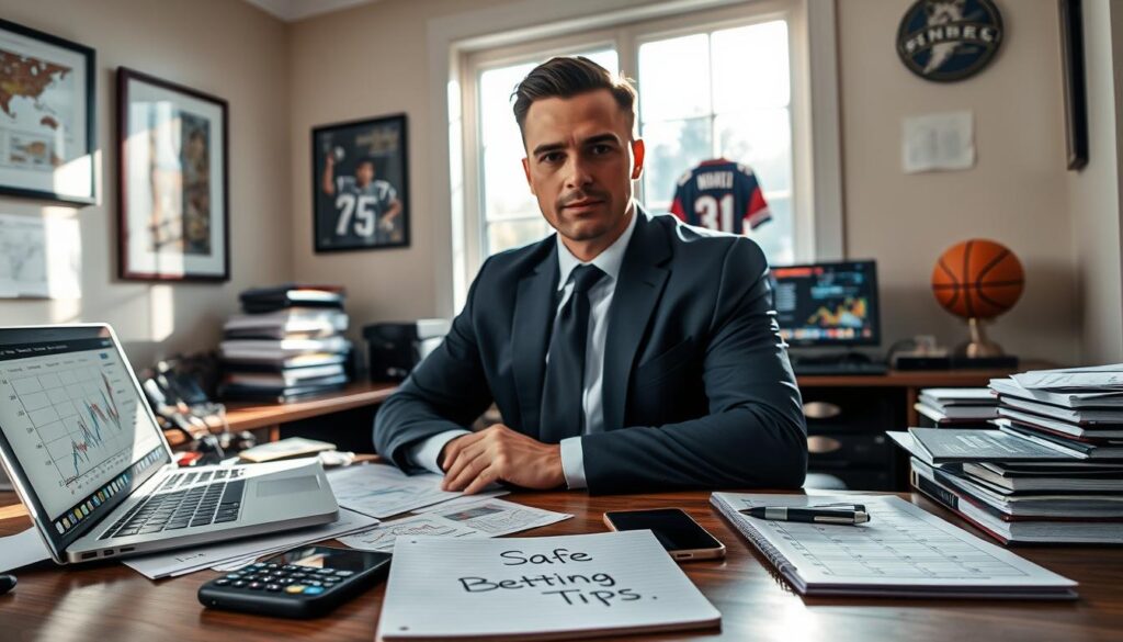 A confident and focused individual in professional business attire, sitting at a well-organized desk cluttered with sports betting materials like charts, graphs, and a laptop displaying low juice sportsbook websites. In the foreground, a notepad with neatly written notes titled "Safe Betting Tips" and a smartphone showing odds. The middle ground features a large window with natural sunlight illuminating the space, casting soft shadows. The background includes sports memorabilia, such as framed jerseys and a basketball, hinting at the theme of sports betting. The atmosphere is calm and focused, conveying a sense of professionalism and safety in decision-making. The overall mood is one of motivation and strategy.