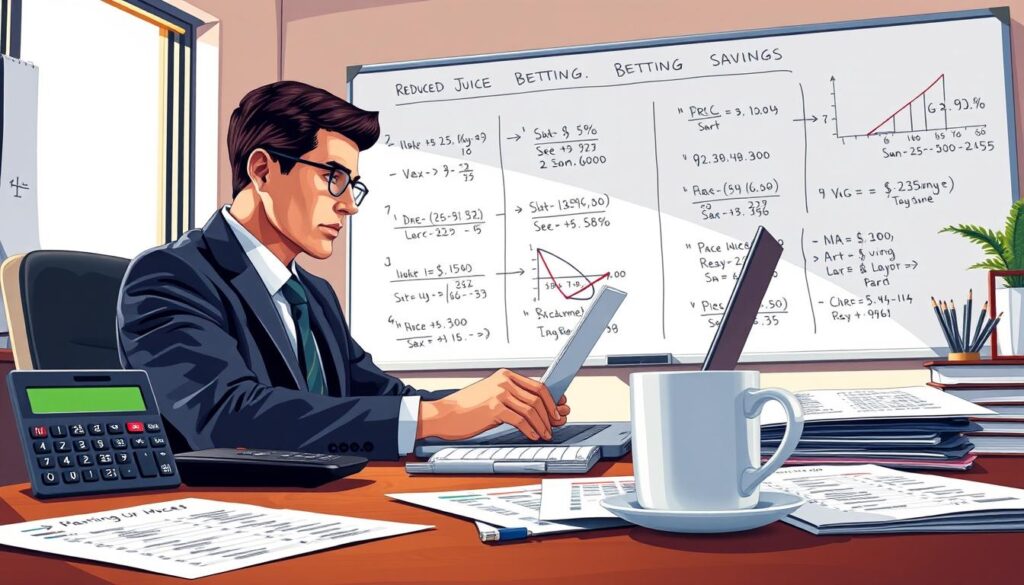 A detailed illustration of a betting math scenario focusing on reduced juice betting savings, set in an engaging office environment. In the foreground, display a well-organized desk with a calculator, spreadsheets filled with numbers, and a cup of coffee. In the middle ground, depict a serious-looking professional in smart business attire, analyzing data on a laptop, with an intense focus on their face. The background features a whiteboard covered with graphs and equations illustrating different betting scenarios and potential savings. Utilize soft, natural lighting to create a productive atmosphere, emphasizing clarity and organization. Use a shallow depth of field to draw attention to the desk elements while gently blurring the background, creating a sophisticated and informative mood.
