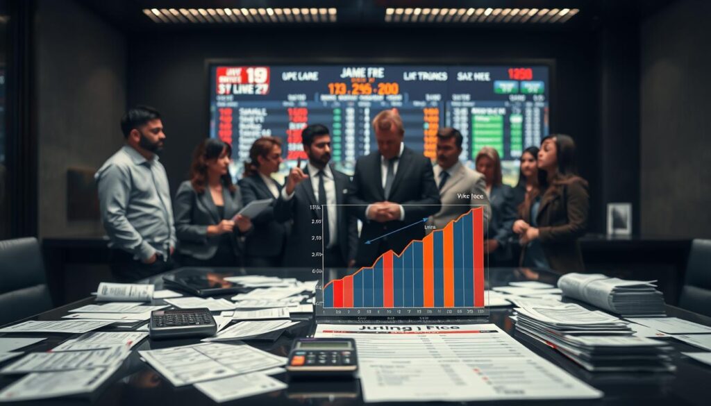 A dynamic and informative scene depicting the impact of betting fees on sports betting. In the foreground, an elegant table filled with various betting slips, a calculator, and a detailed chart showing the rise of juice over time. In the middle, a diverse group of professionals in business attire deeply engaged in discussion, evaluating the significance of betting fees. The background features a large screen displaying live sports action and odds, with dim mood lighting focusing on the table. The overall atmosphere is one of intensity and concentration, with a sleek, modern aesthetic that reflects the world of sports betting, shot from a slightly elevated angle to capture the complexity of the environment.