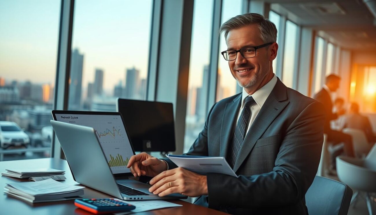 A modern office setting focused on financial savings through sports betting. In the foreground, a confident middle-aged professional man in a tailored suit is analyzing graphs and charts on a laptop, showcasing reduced juice odds. He has a satisfied expression, reflecting long-term financial gains. The middle ground displays various betting slips and calculators, symbolizing intelligent decision-making. In the background, large windows reveal a city skyline bathed in warm, late afternoon sunlight, creating a sense of prosperity and opportunity. The lighting is soft yet bright, emphasizing a hopeful and forward-thinking atmosphere. The composition should evoke professionalism and optimism, highlighting the benefits of reduced juice betting in a clear and engaging way.