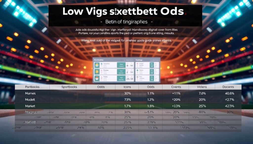 A professional and visually engaging infographic illustrating low vig sports betting odds comparison. In the foreground, display a neatly arranged table showcasing various sportsbooks with their corresponding odds percentages prominently featured. The middle layer should include an elegant digital interface, representing various sports events and matches with icons and subtle graphics to indicate betting markets. In the background, a soft-focus image of a sports stadium ambiance with warm lighting creates an inviting atmosphere. Use a wide-angle lens perspective to ensure clarity and a modern look. Emphasize a calm yet informative mood, suitable for a beginner’s guide, ensuring no text or logos are visible.