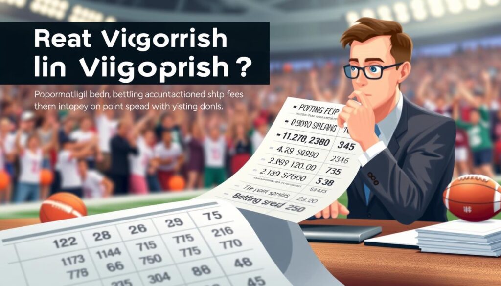 A professional-looking infographic illustration explaining vigorish in point spread betting. In the foreground, depict a detailed visual representation of a betting slip highlighting point spreads with clear and distinct numbers. In the middle, include an engaging visualization of a person in business attire thoughtfully analyzing betting odds at a desk, surrounded by sports memorabilia like basketballs and footballs. The background features a blurred sports event, creating a dynamic atmosphere, with hints of cheering crowds. Use soft natural lighting to enhance the professional ambiance, and adopt a slightly overhead angle to provide depth, ensuring clarity in the details of the betting slip and odds. The overall mood should be informative and engaging, capturing the essence of understanding betting fees accurately.