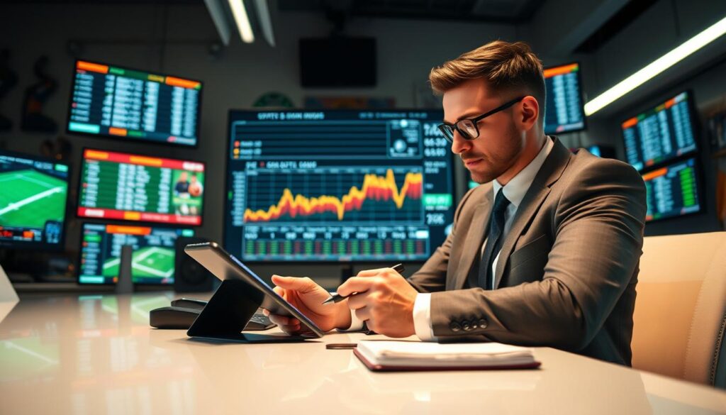 A professional-looking sports analyst, dressed in business attire, sits at a sleek, modern desk surrounded by multiple screens displaying various sports betting odds. The foreground features a close-up of the analyst carefully comparing odds on a tablet, using a calculator, while jotting down notes on a notepad. In the middle, a large monitor highlights a colorful graph with fluctuating odds and detailed statistics. The background shows a dynamic office environment with sports memorabilia subtly arranged, and soft, focused lighting creates an engaging yet serious atmosphere. The angle captures the intensity of the analysis, reflecting a mood of concentration and strategic thinking.