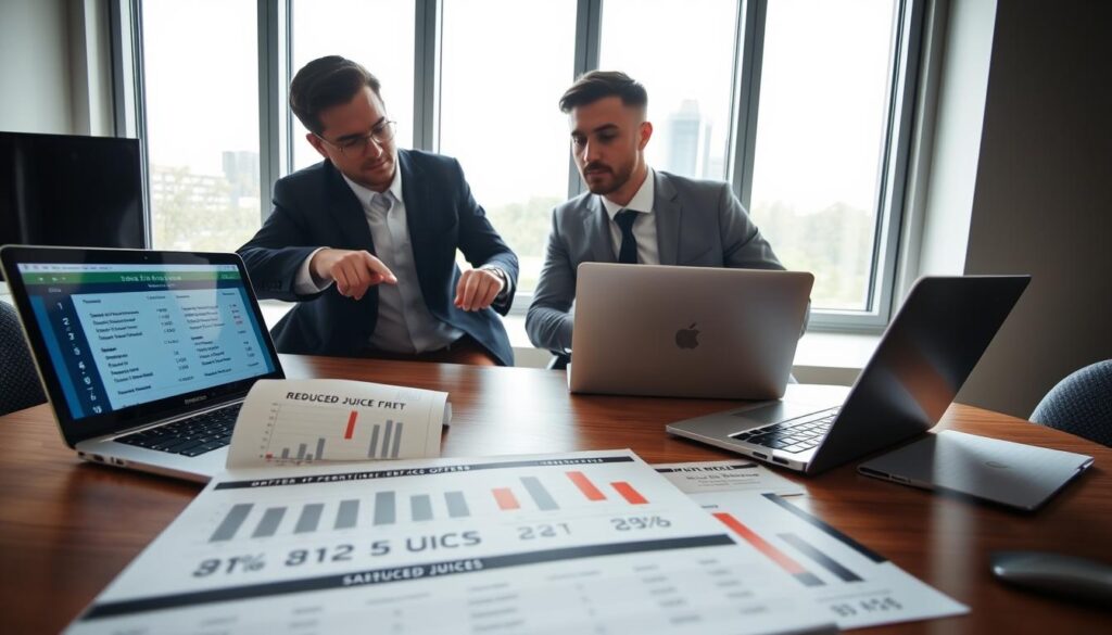 A professional office setting with two individuals in business attire, engaged in a focused discussion over open laptops displaying various sportsbook offers. In the foreground, a table with detailed graphs and charts illustrating betting fees and potential savings from reduced juice offers. The middle ground shows the engaged professionals, one pointing at a screen, highlighting the differences in offers. In the background, large windows allow soft, natural light to flood the room, creating a bright and optimistic atmosphere. The angle is slightly elevated, capturing both the individuals and the detailed documents on the table, conveying a sense of analysis and comparison. The overall mood is dynamic and informative, emphasizing the importance of making informed betting decisions.