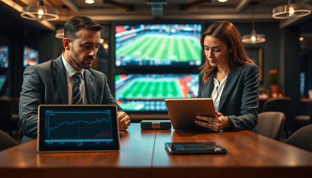 A professional setting showcasing an array of sports betting elements representing the concept of "value" in betting. In the foreground, a well-dressed individual, a man in a tailored suit and a woman in a sharp business outfit, are intensely discussing a betting strategy, with their expressions reflecting curiosity and engagement. The middle ground features a sleek table with digital tablets displaying graphs, odds, and betting lines, emphasizing analytical thinking. In the background, a large screen displays a live sports event, hinting at the excitement of betting. Soft, focused lighting highlights their faces, creating a warm and inviting atmosphere, while a blurred sports bar setting enhances the mood, making it relatable to beginner bettors. The overall composition should reflect professionalism and clarity in sports betting.