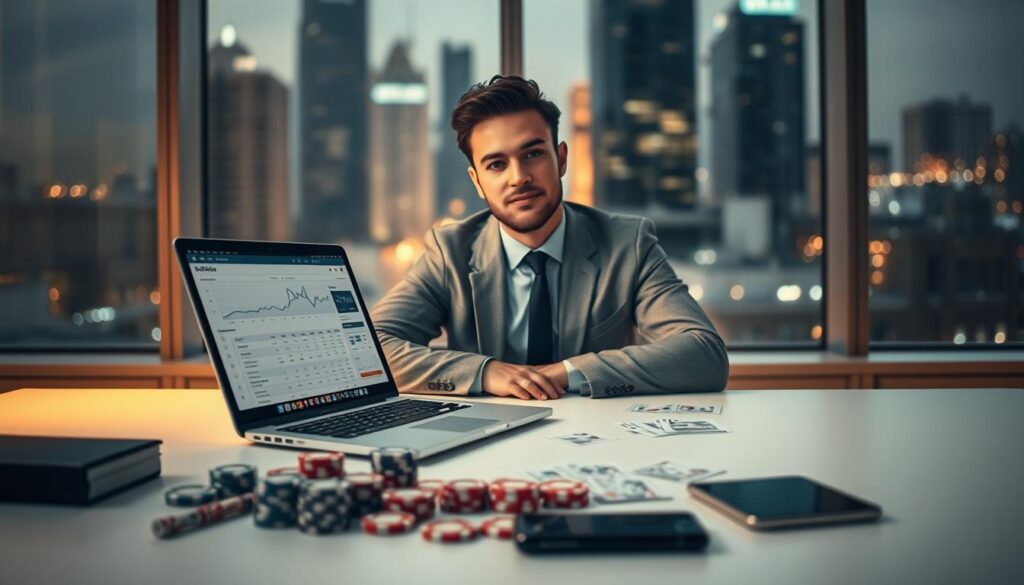 A serene and focused scene depicting the concept of emotional control in betting. In the foreground, a confident individual, dressed in professional attire, sits at a minimalist desk with a laptop open, displaying betting analytics. Their expression is calm and contemplative, illustrating a thoughtful decision-making process. In the middle ground, a variety of betting-related items like cards, chips, and a smartphone lie organized, suggesting structure and discipline. The background features a blurred window view of a bustling cityscape, symbolizing the distractions of the outside world. Soft, warm lighting casts a gentle glow, creating an atmosphere of tranquility and control. The angle is slightly above eye level, encouraging viewers to engage with the individual’s focused demeanor, emphasizing the importance of staying rational and collected while betting.