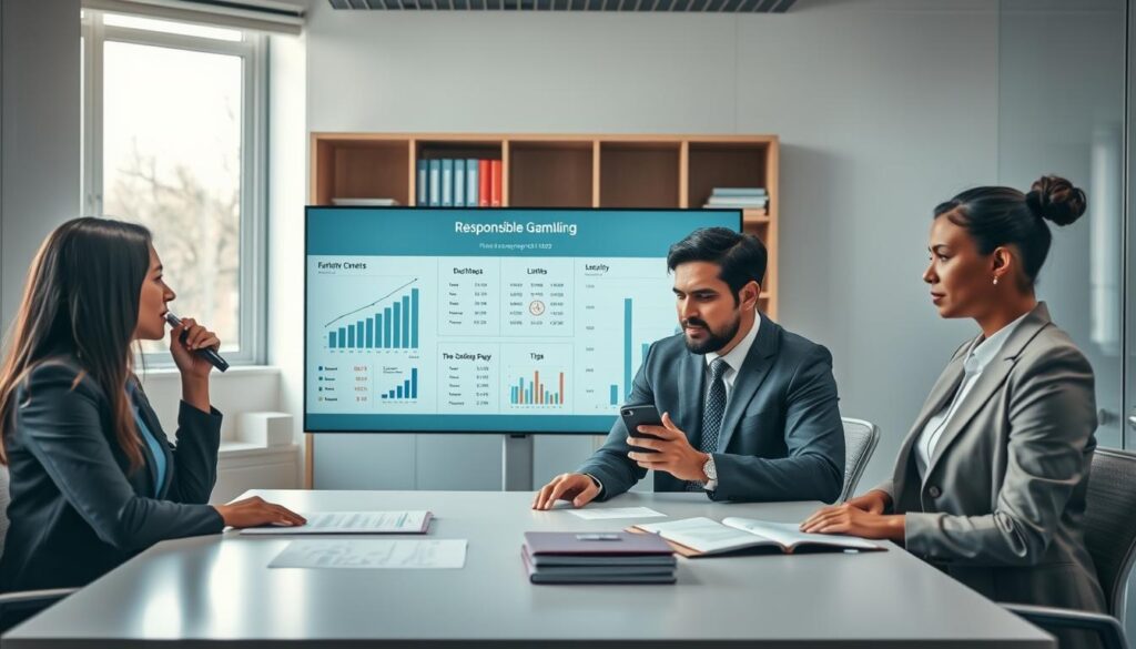 A serene office environment depicting responsible betting practices. In the foreground, a diverse group of four individuals in professional business attire engage in a thoughtful discussion around a table, reviewing betting charts and financial data. The middle layer features a large digital screen displaying graphs and statistics related to responsible gambling, such as limits and tips. In the background, a well-organized bookshelf and a calm window view with natural light filtering in, creating a warm atmosphere. The lighting should be soft and inviting, with a focus on creating a sense of professionalism and accountability. Capture a mood of collaboration and careful planning, emphasizing the importance of making informed betting choices.