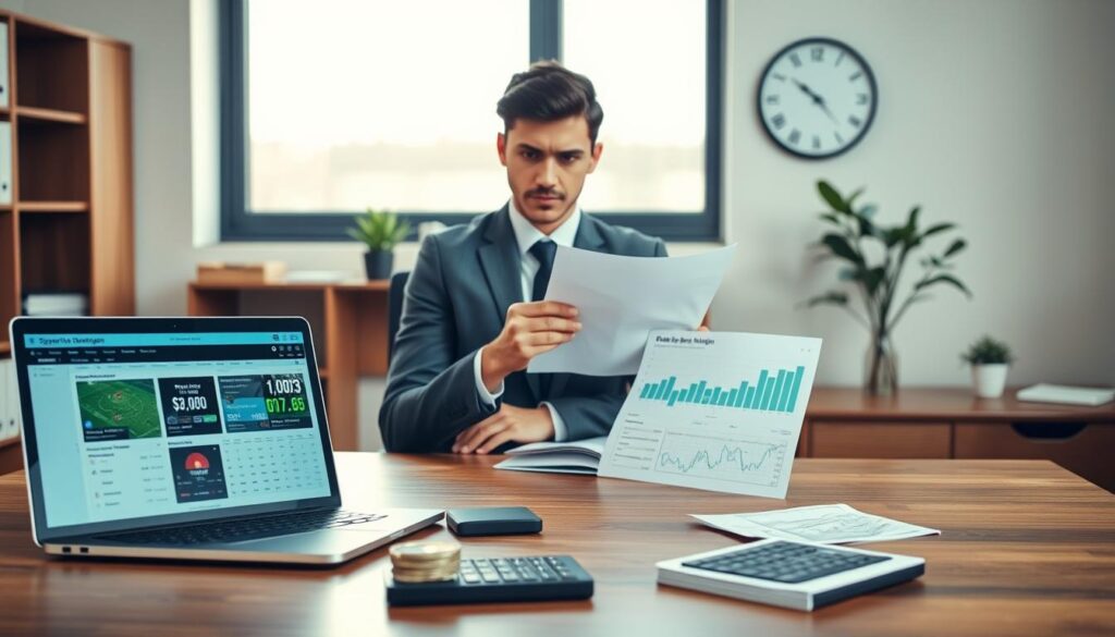 A serene office environment showcasing a professional setting for sports betting bankroll management tips. In the foreground, a wooden desk neatly displays a laptop open to a sports betting app, with a few stacks of cash and a calculator alongside it. The middle ground features a confident, young adult in business attire, analyzing graphs and charts related to betting strategies, their focused expression conveying determination. The background includes a large window with soft, natural light illuminating the room, enhancing a calm, thoughtful atmosphere. A minimalist clock ticks softly on the wall, emphasizing time management in betting. The overall mood is focused and professional, reflecting a safe approach to sports betting for beginners.