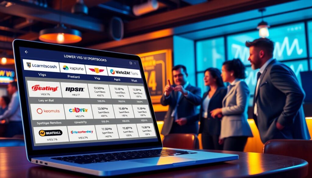 A vibrant and informative illustration depicting a comparison of lower vig sportsbooks. In the foreground, showcase a modern digital interface on a laptop screen, displaying various sportsbook logos and their respective vig percentages in a clear and organized layout. The middle layer features a small group of diverse individuals, dressed in professional business attire, engaged in a discussion while pointing at the screen, showcasing their excitement and interest in betting. In the background, a cozy sports bar environment with dimmed lighting creates an inviting atmosphere, with soft hues of blue and gold illuminating the room. The lens should capture the scene at an angle that highlights the screen and the engaged individuals, evoking a sense of collaboration and strategy in the betting world.