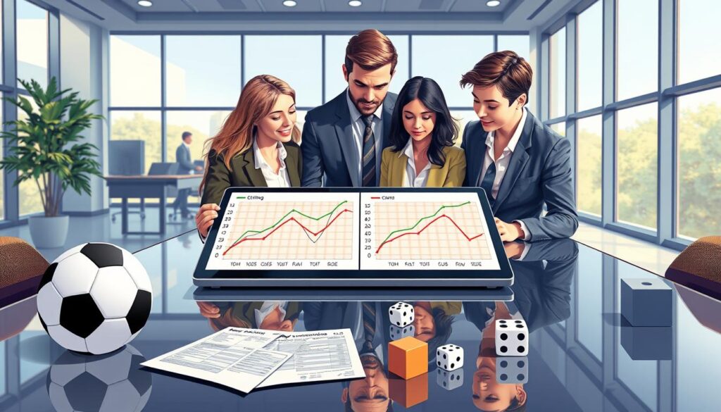 A vibrant and informative illustration depicting a comparison of profitable betting strategies. In the foreground, a diverse group of three professionals in business attire examines two graphs representing standard betting and value betting strategies on a sleek digital tablet. The middle ground features a glossy table with sports betting paraphernalia, such as a soccer ball, racing form, and dice. The background shows a modern office setting with large windows allowing natural light to flood the space, casting soft shadows for a warm atmosphere. The overall mood is focused and collaborative, highlighting the analytical nature of comparing betting strategies. The scene should convey a sense of clarity and professionalism, ideal for an informative article.