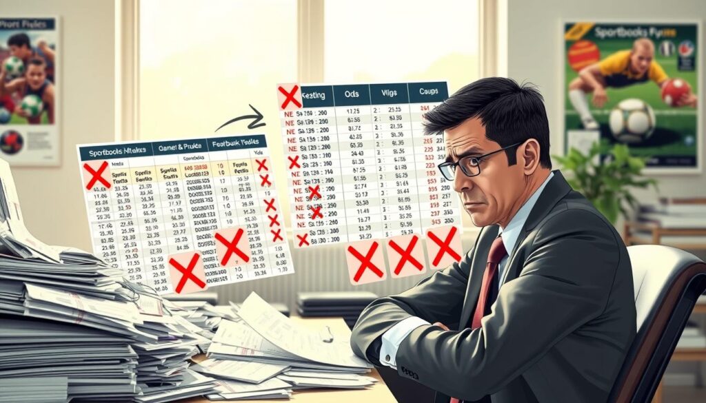 A visually striking illustration depicting common mistakes in betting odds comparison for beginners. In the foreground, include a stressed-looking person in professional business attire, sitting at a cluttered desk filled with confusing betting slips and mismatched odds charts. The middle layer showcases a digital or paper-based display of various sportsbooks' odds, with arrows pointing to discrepancies and red 'X' marks highlighting errors. In the background, a bright and slightly blurred sports-themed wall poster adds context. Use soft daylight filtering through a window to create a clear and inviting atmosphere, evoking the feeling of urgency and learning. Capture the scene from a slightly elevated angle to encompass all elements, ensuring clarity and focus on the subject's expressions and the chaotic desk arrangement.