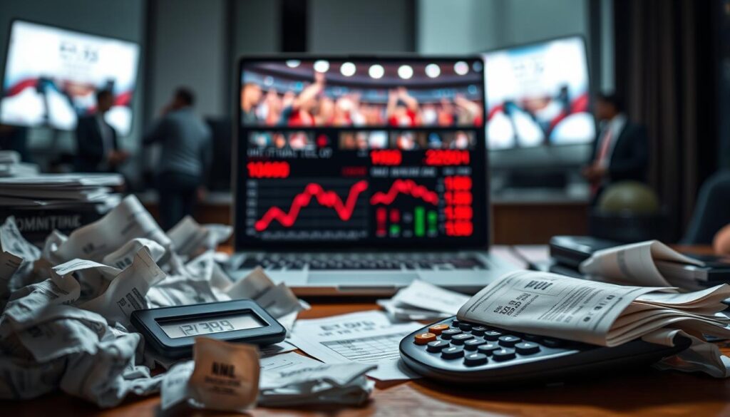 A visually striking image depicting the theme of "profitable bets mistakes" for an article on sports betting. In the foreground, a cluttered desk filled with crumpled betting slips and a calculator showing negative results, symbolizing failed bets. The middle layer features an open laptop displaying graphs and statistics with alarming red highlights, indicating risky betting decisions. In the background, a blurred image of a sports event on a television screen, with excited fans in professional attire, gives context to the betting environment. The scene is illuminated by soft, ambient lighting, creating a serious yet educational atmosphere, with a slight depth of field effect, focusing attention on the mistakes in betting.