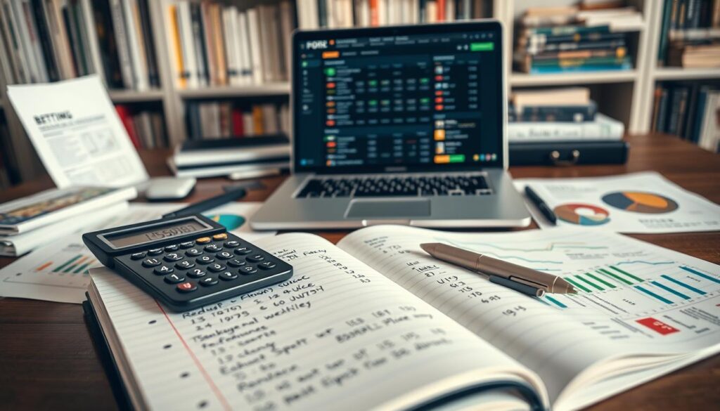 A well-organized desk scene illustrating a "reduced juice betting strategy." In the foreground, a detailed open notebook with neatly written notes on betting strategies and a calculator displaying figures, surrounded by colorful charts and graphs related to bankroll management. In the middle ground, a laptop is open, showing a betting website with reduced juice options. The background features shelves filled with books on sports betting and money management, slightly blurred to maintain focus on the foreground elements. Soft, warm lighting creates a professional yet inviting atmosphere, simulating a late afternoon work session. The angle captures the scene from a slight overhead view, inviting the viewer into the workspace while emphasizing the importance of careful financial planning.