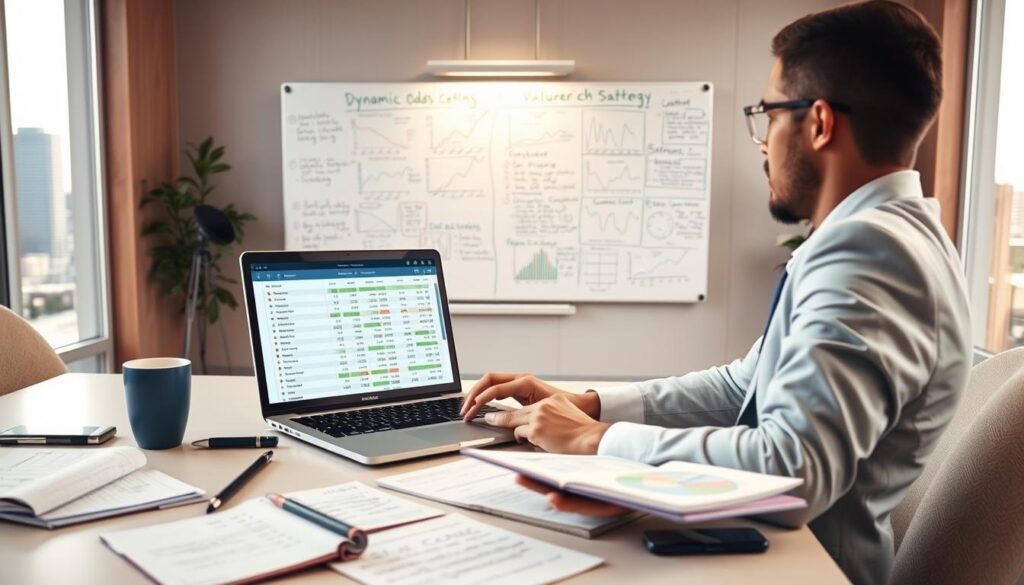 An organized workspace featuring a laptop displaying a dynamic odds comparison chart, illustrating various betting strategies. In the foreground, a professional individual, dressed in business attire, is intently analyzing the data on the screen. Surrounding them are scattered notepads filled with calculations, a coffee cup, and a smartphone to emphasize the research aspect. In the middle ground, a large whiteboard is visible, filled with graphs and notes about value betting strategies. The background includes soft office lighting, casting a warm glow over the scene, and a large window revealing a cityscape. The overall atmosphere is focused, professional, and conducive to strategic thinking, showcasing the essence of research and comparison in value betting.
