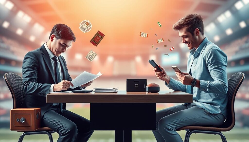 A balanced visual representation of "needs versus wants" in sports betting, with a single table at the center. On one side, a professional individual dressed in smart business attire, focused and making calculations, surrounded by symbols of safety like a budget sheet, a calculator, and a safe box. On the opposite side, a casually dressed person joyfully looking at flashy sports ticket stubs, fun-themed decorations, and mobile devices, representing the thrill of betting. The background features a calming gradient with soft lighting, evoking a sense of security and balance. A blurred sports arena setting hints at the excitement of the game, but remains secondary to the table's central focus. The overall mood is thoughtful yet light-hearted, depicting the importance of budgeting in sports betting.