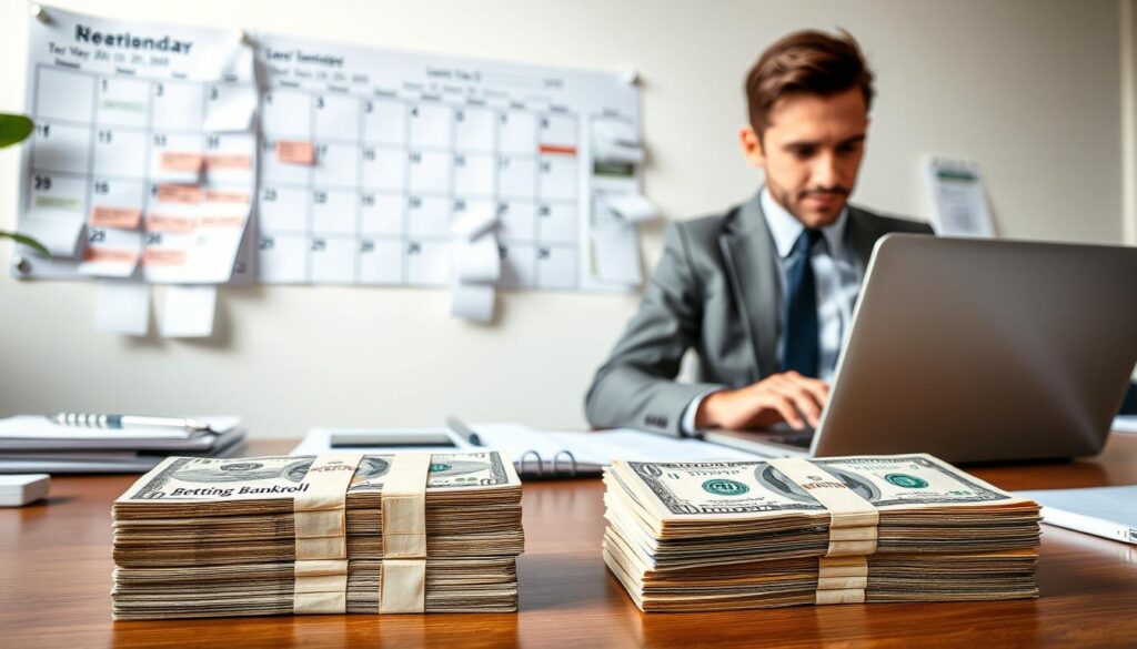 A clean and professional office setting, designed for financial planning, showing a well-organized desk with two separate stacks of cash, one labeled "Betting Bankroll" and the other "Living Expenses." In the foreground, a person in a smart casual outfit, focused and analyzing financial documents and spreadsheets on a laptop, conveying concentration and responsibility. In the middle ground, a soft-focus image of a wall calendar with key betting dates circled and financial goals outlined. The background features a window with natural light streaming in, creating a bright and motivating atmosphere. The scene captures the essence of smart money management, emphasizing clarity, organization, and a disciplined approach to sports betting. A clean and professional office setting, designed for financial planning, showing a well-organized desk with two separate stacks of cash, one labeled "Betting Bankroll" and the other "Living Expenses." In the foreground, a person in a smart casual outfit, focused and analyzing financial documents and spreadsheets on a laptop, conveying concentration and responsibility. In the middle ground, a soft-focus image of a wall calendar with key betting dates circled and financial goals outlined. The background features a window with natural light streaming in, creating a bright and motivating atmosphere. The scene captures the essence of smart money management, emphasizing clarity, organization, and a disciplined approach to sports betting.