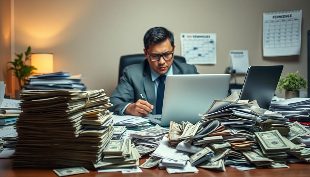 A cluttered desk scene illustrating the concept of "bankroll errors separation." In the foreground, a neatly organized stack of cash juxtaposed with a chaotic pile of personal bills and receipts, symbolizing the confusion between personal and betting money. In the middle, a professional-looking individual in business attire, focusing intently on a spreadsheet on a laptop, looking concerned yet determined as they analyze their finances. The background features a dimly lit room with soft, warm lighting, creating a contemplative atmosphere. A calendar with financial reminders is visible, emphasizing the importance of budgeting, while a small plant adds a touch of freshness to the scene. Capture this moment from a slightly elevated angle to provide a clear view of both the chaos and organization.