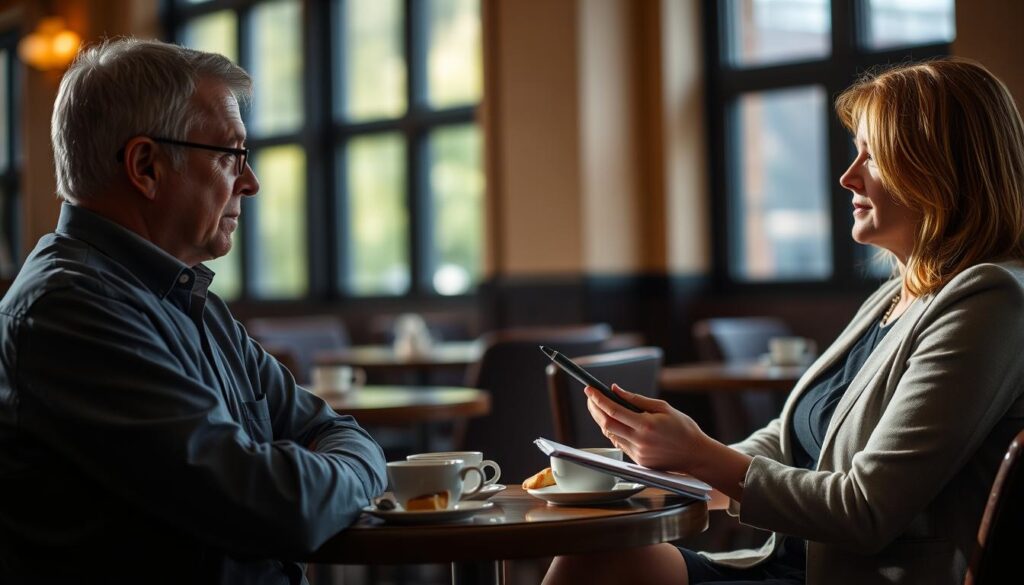 A cozy, well-lit cafe setting where two individuals are engaged in a respectful conversation about responsible gambling limits. In the foreground, a middle-aged man wearing a neatly pressed shirt sits across from a woman in a smart casual outfit, both looking attentive and supportive. The woman holds a notebook and pen, taking notes while nodding thoughtfully. In the background, we see soft-focus images of coffee cups and pastries on the table, adding to the warm atmosphere. Natural light filters through large windows, casting gentle shadows, creating an inviting ambiance. The overall mood conveys trust, support, and open communication, emphasizing the importance of accountability in gambling discussions among friends and family.