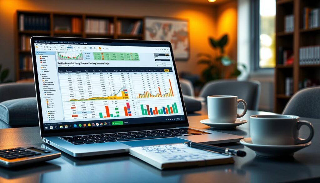 A detailed, visually engaging betting finance tracking spreadsheet displayed on a sleek laptop, illuminated by soft, warm office lighting. The foreground features the open laptop with a vibrant spreadsheet showcasing colorful graphs and charts representing profits and losses. In the middle ground, a neatly arranged desk with a stylish calculator, a coffee cup, and a notepad with written notes enhances the professional atmosphere. The background includes a modern office environment with bookshelves and a large window letting in natural light. The overall mood is focused and productive, suggesting a space conducive to smart financial decisions for sports bettors.