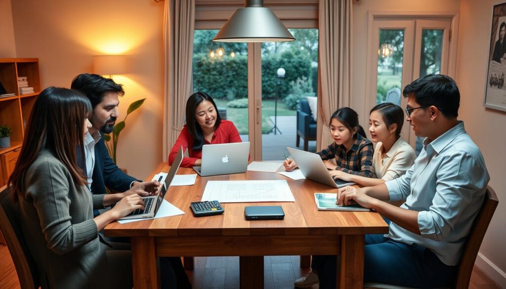 A family gathered around a dining table, engaged in open and respectful communication about budgeting for betting activities. In the foreground, a diverse group consisting of two adults and two teenagers is seated with laptops and notepads, showcasing a blend of professional business attire and modest casual clothing. The middle of the scene features a clear chart and calculator, symbolizing transparency in finances. The background includes warm lighting from a hanging lamp, creating an inviting atmosphere, while a window shows a serene garden view outside, adding a sense of comfort. The overall mood is constructive, as they share thoughts and strategies, emphasizing trust and togetherness in managing their bankroll safety plan.
