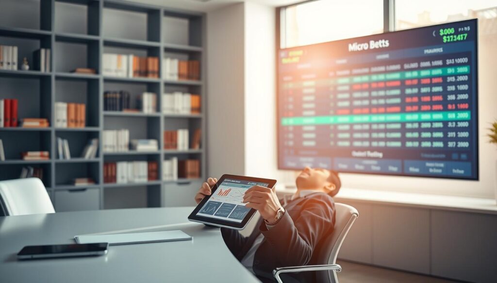 A focused scene illustrating a micro betting strategy, set in a modern, minimalistic office environment. In the foreground, a professional individual in business attire is seated at a sleek desk, studying a digital tablet displaying various betting graphs and small wager amounts. The middle layer features a virtual betting board projected on a wall, showcasing micro bets in an engaging layout. The background, softly blurred, depicts shelves filled with financial books and a large window letting in warm, natural sunlight, creating an inviting atmosphere. The lighting is bright but soft, enhancing clarity and focus on the subject. The overall mood is one of concentration and strategic planning, emphasizing smart betting principles.