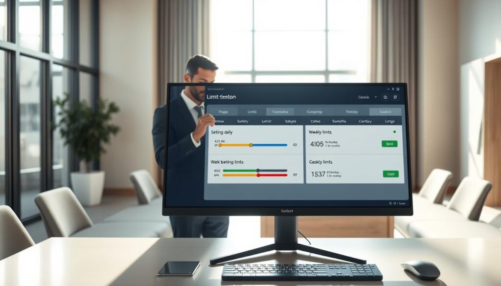 A modern limit configuration interface displayed on a sleek desktop monitor. The foreground features a clear and user-friendly interface with sliders for setting daily and weekly betting limits, colorful graphs, and toggles reflecting safe betting practices. In the middle ground, a professional individual in smart business attire interacts with the screen, focused and engaged, with a thoughtful expression. The background is an elegantly designed office space, softly lit with natural sunlight filtering through large windows, creating a warm and inviting atmosphere. The image conveys a sense of responsibility and empowerment, highlighting the importance of safe betting practices. Use a wide-angle lens to emphasize the workspace and maintain a polished, professional look.