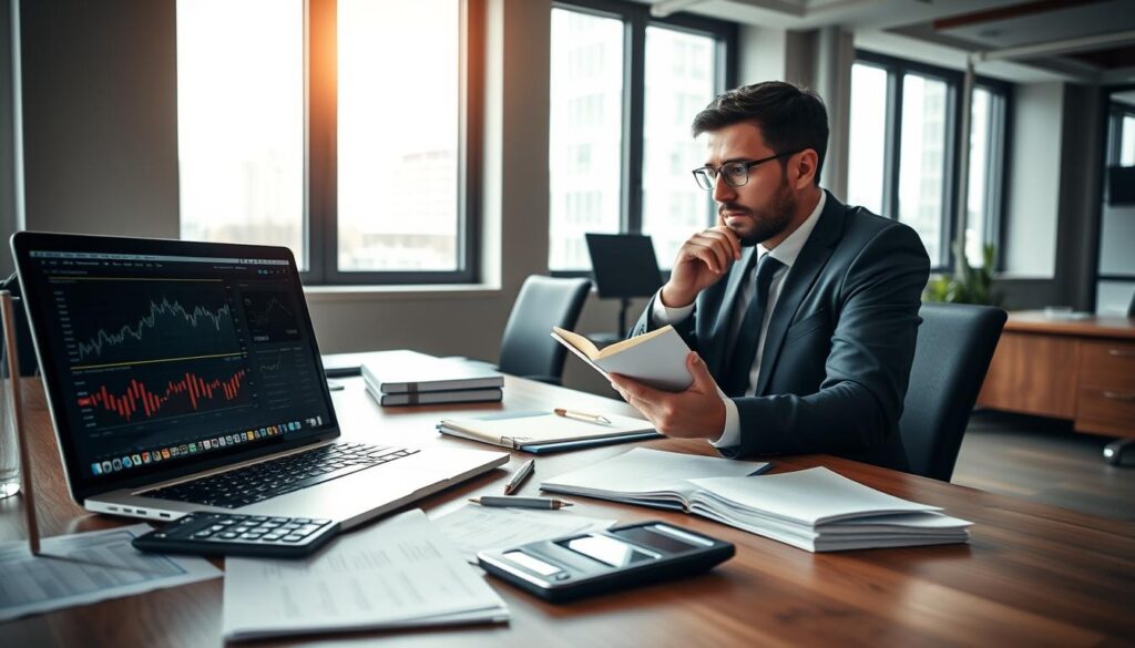 A modern office environment features a professional workspace with a sleek wooden desk and an open laptop displaying graphs and charts related to bankroll management. In the foreground, there are neatly arranged financial documents and a calculator, representing careful planning. In the middle ground, a business professional, dressed in smart attire, is contemplating while taking notes in a notebook, their expression focused and analytical. In the background, large windows let in natural light, illuminating the space and creating a productive atmosphere. The overall mood is serious yet optimistic, emphasizing the importance of disciplined financial strategy with visual elements like stop-loss and win-goal markers on the screen, subtly integrated into the design.