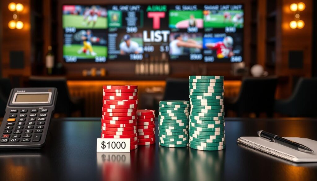 A polished and professional setting illustrating a side-by-side comparison of two betting bankrolls: one labeled as $100 and the other as $1000. In the foreground, two distinct stacks of poker chips, the $100 stack in a vibrant red color and the $1000 stack in a deep green, are placed on a sleek black table. To the left, a calculator displaying numbers related to betting units, and to the right, a stylish pad and pen ready for note-taking. The middle ground features an elegant wooden bar with subdued lighting, casting soft shadows that create a focus on the chips. In the background, a blurred image of a sports screen quietly showing multiple games adds context without distraction. The overall atmosphere is professional and insightful, perfect for discussing smart betting strategies. A polished and professional setting illustrating a side-by-side comparison of two betting bankrolls: one labeled as $100 and the other as $1000. In the foreground, two distinct stacks of poker chips, the $100 stack in a vibrant red color and the $1000 stack in a deep green, are placed on a sleek black table. To the left, a calculator displaying numbers related to betting units, and to the right, a stylish pad and pen ready for note-taking. The middle ground features an elegant wooden bar with subdued lighting, casting soft shadows that create a focus on the chips. In the background, a blurred image of a sports screen quietly showing multiple games adds context without distraction. The overall atmosphere is professional and insightful, perfect for discussing smart betting strategies.