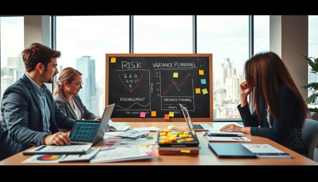 A professional and visually engaging image illustrating a bankroll protection plan for variance in sports betting. In the foreground, a diverse group of three individuals in smart casual clothing, discussing strategies over a table filled with charts, spreadsheets, and a laptop displaying sports odds. The middle ground features a chalkboard with financial graphs highlighting "risk management" and "variance planning" concepts, surrounded by colorful sticky notes. In the background, a window reveals a bustling cityscape, symbolizing the dynamic nature of sports betting. The lighting is bright and inviting, creating a hopeful, strategic atmosphere, with a soft focus on the chalkboard to draw attention to the planning aspect. A professional and visually engaging image illustrating a bankroll protection plan for variance in sports betting. In the foreground, a diverse group of three individuals in smart casual clothing, discussing strategies over a table filled with charts, spreadsheets, and a laptop displaying sports odds. The middle ground features a chalkboard with financial graphs highlighting "risk management" and "variance planning" concepts, surrounded by colorful sticky notes. In the background, a window reveals a bustling cityscape, symbolizing the dynamic nature of sports betting. The lighting is bright and inviting, creating a hopeful, strategic atmosphere, with a soft focus on the chalkboard to draw attention to the planning aspect.