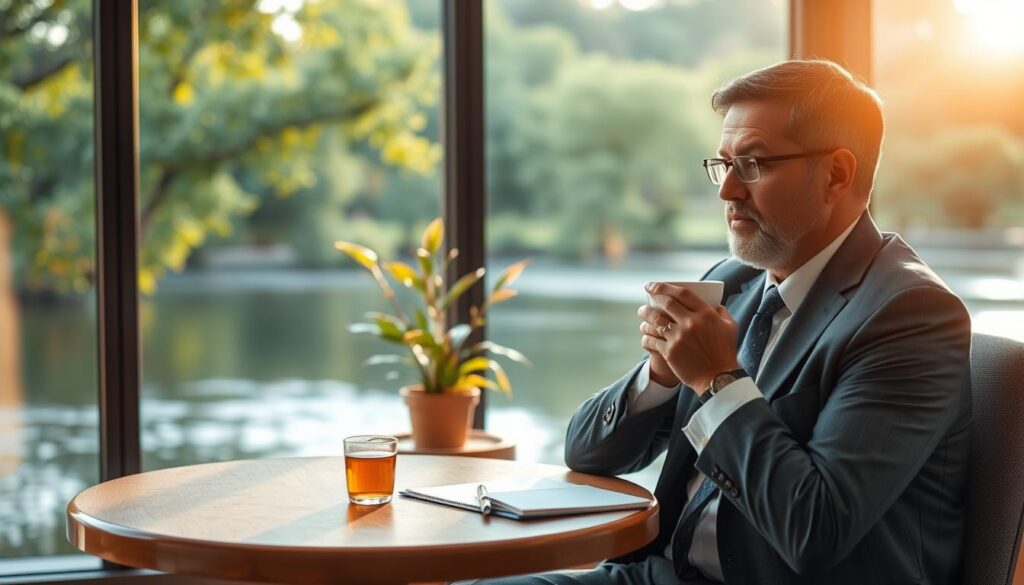 A serene breakroom with a large window showcasing a tranquil nature scene outside, filled with lush greenery and soft, flowing water. In the foreground, a person in professional business attire, a middle-aged man with a thoughtful expression, sits at a round wooden table, sipping herbal tea. He is reflecting on his losses, with a notepad and pen nearby, jotting down insights. In the middle ground, a vibrant potted plant adds freshness, while in the background, a soft light filters through the window, creating a calming atmosphere. The overall mood is reflective and peaceful, symbolizing the importance of taking breaks to regain focus and manage emotions effectively while betting. Focus on warm, soft lighting with a shallow depth of field for a cozy, intimate feel.